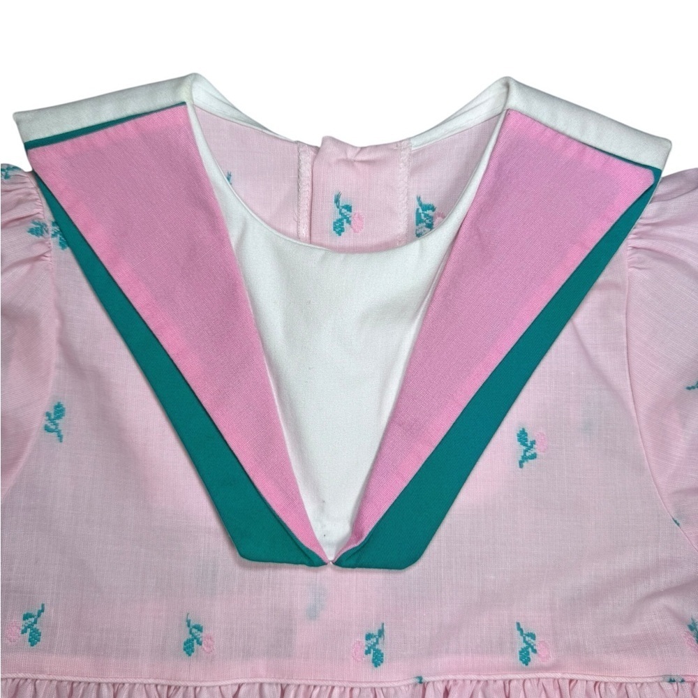Pink and teal Vintage Girls Bib Floral Dress Cottage-core Retro - Picture 2 of 7